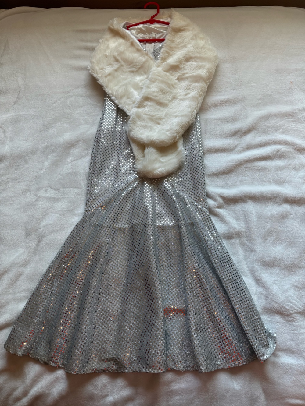 Kids Silver Sequin Mermaid Dress with Cream Faux Fur Stole